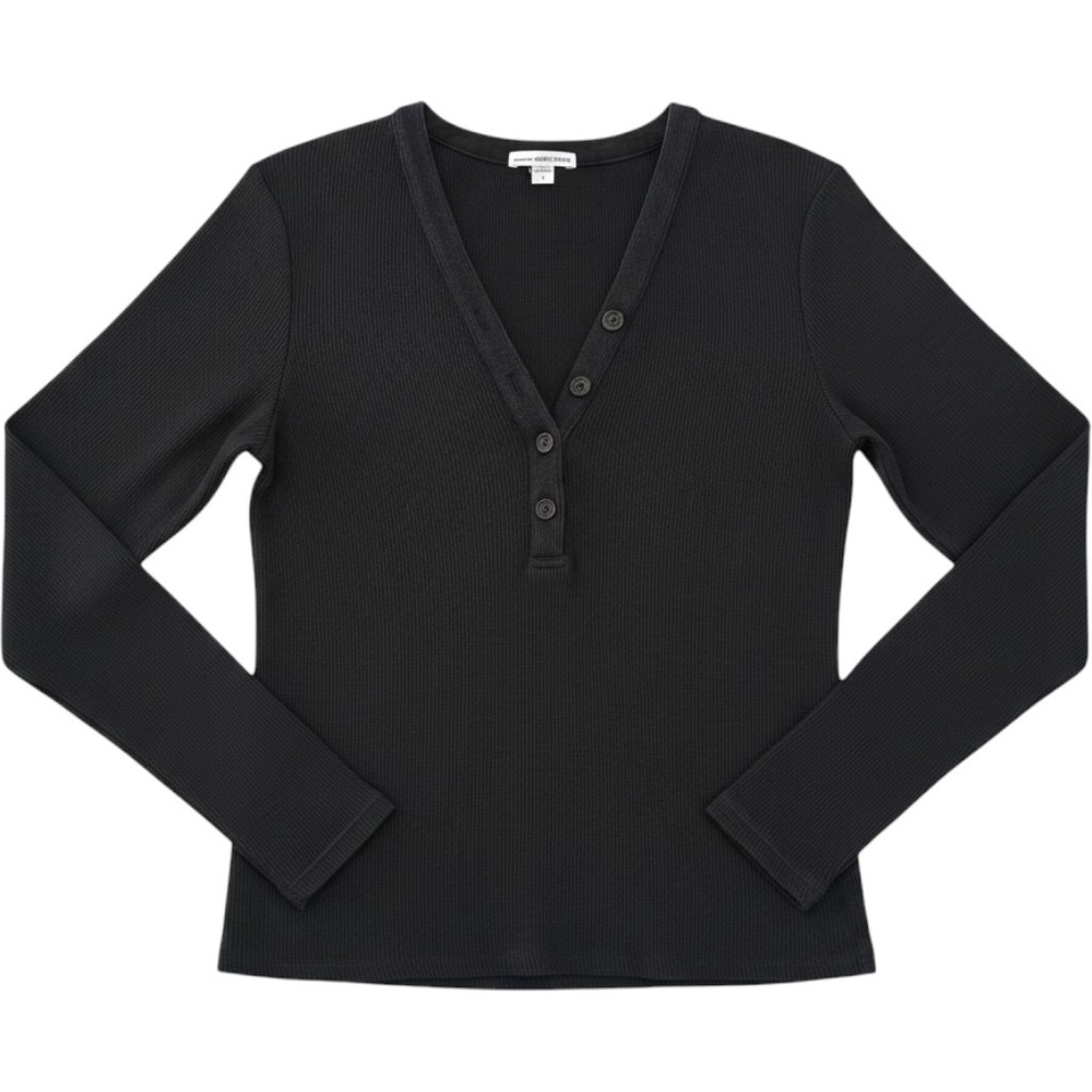 James Perse Henley Top 1 Small Black Waffle Knit Fall Layering Basics Minimalist